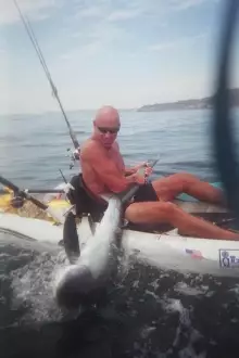 T shark wrestling off Malibu